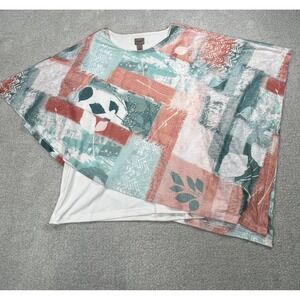 Easywear by Chicos Womens Abstract Patchwork Poncho‎ Overlay Top White Size 2 L